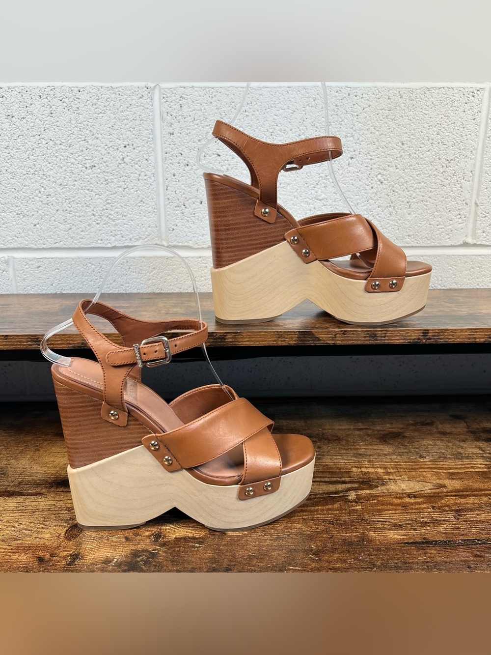 Gianni Bini Sandals High Wedge Platform‎ Brown Leather Women's 8.5